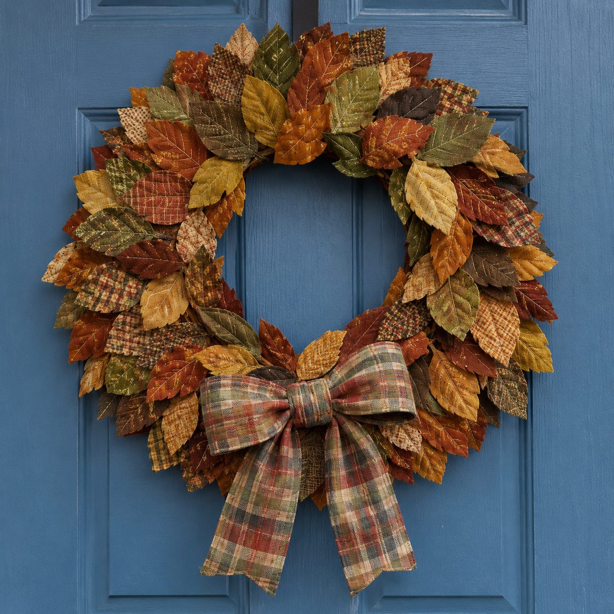 Round wreath made of stitched fabric leaves in fall colors on a blue door