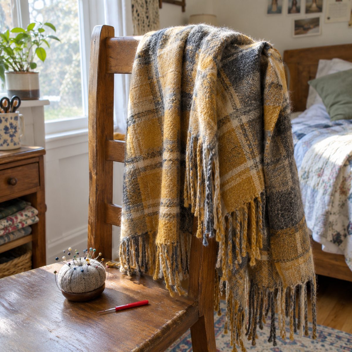 Mustard and gray plaid flannel blanket scarf with fringed edges