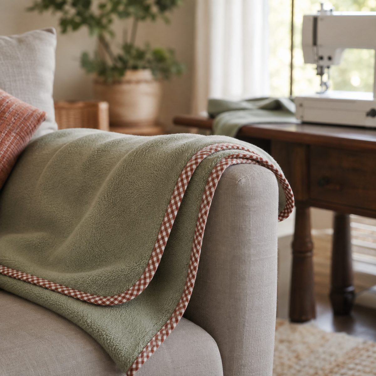 Sage green fleece throw with rust gingham binding on a sofa