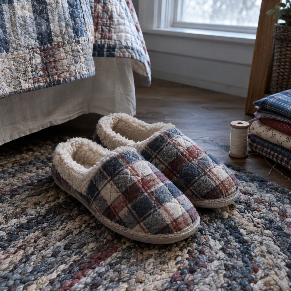 Handmade quilted flannel house slippers with sherpa lining