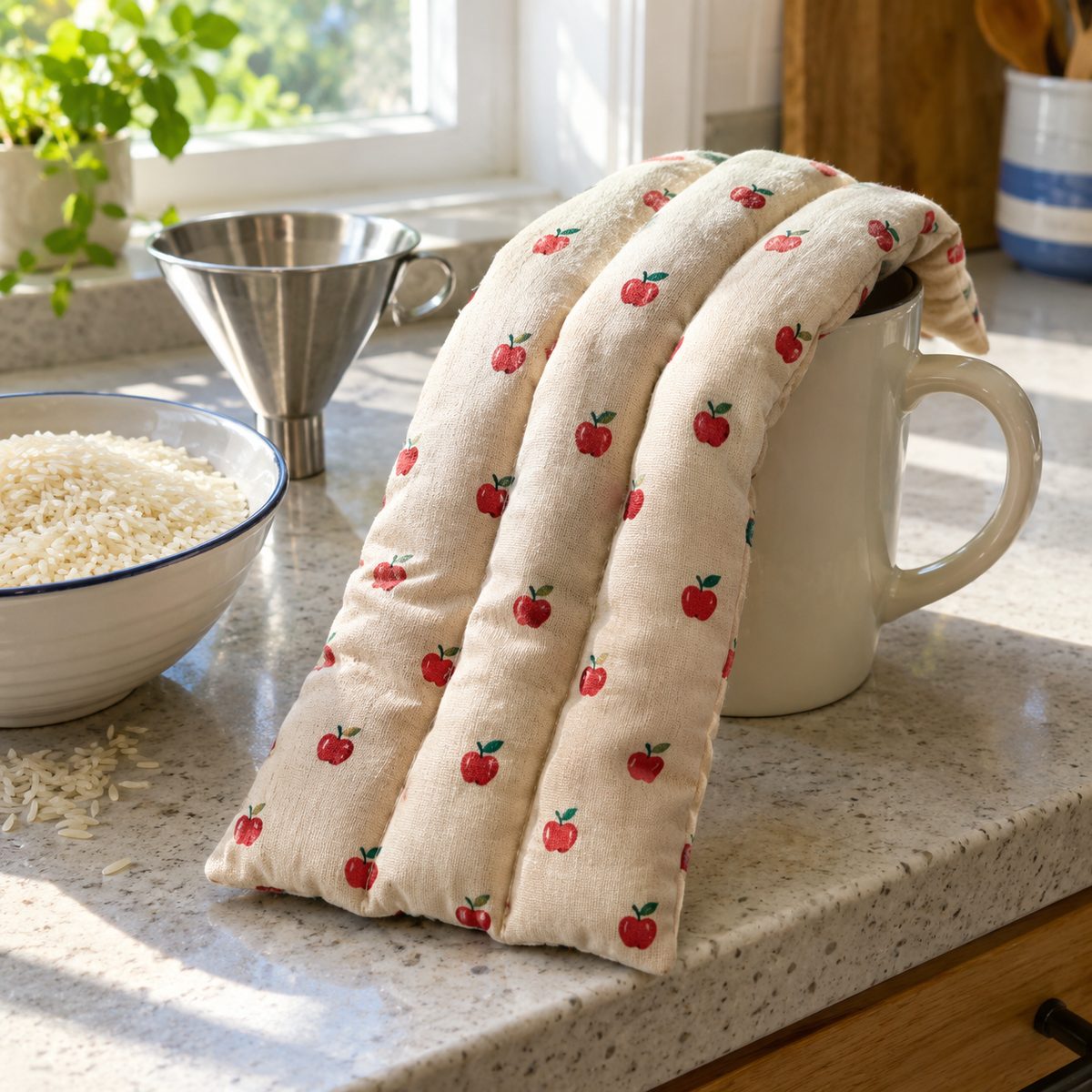 Rice-filled heat pack in an apple print cotton on a kitchen counter