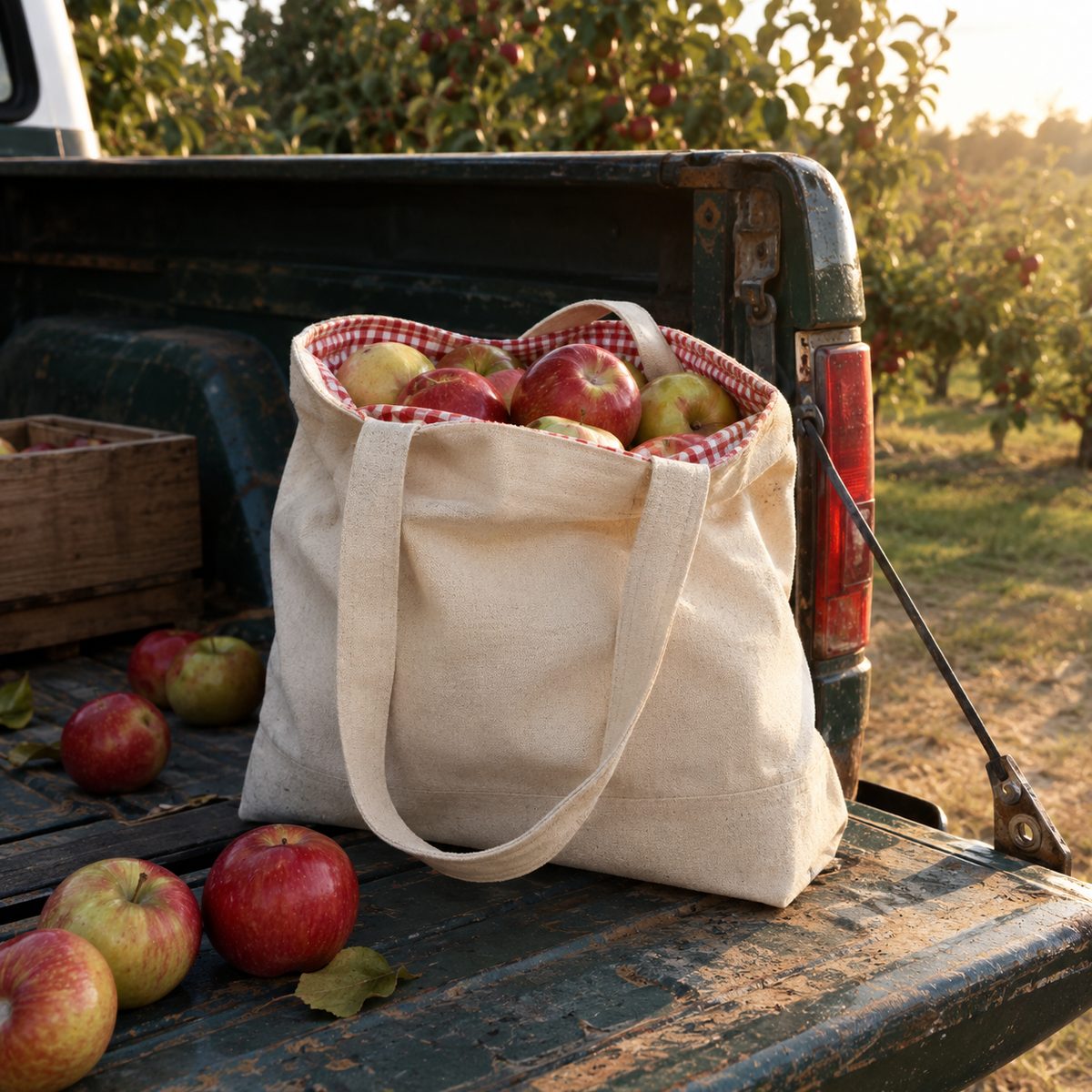 Canvas market tote with gingham lining filled with apples