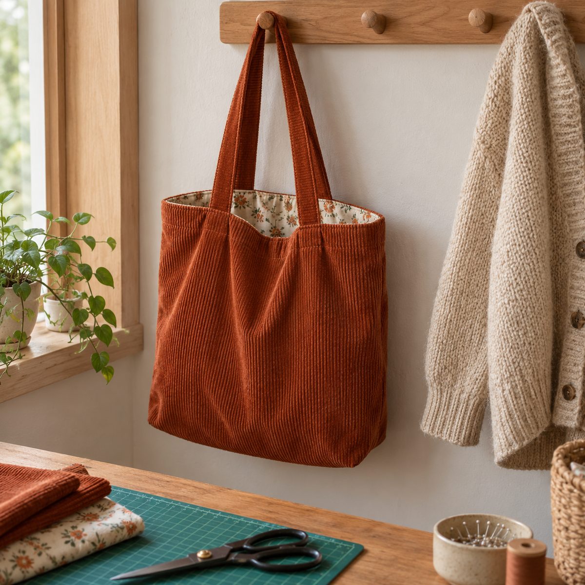 Rust corduroy tote bag hanging on a wooden peg rail