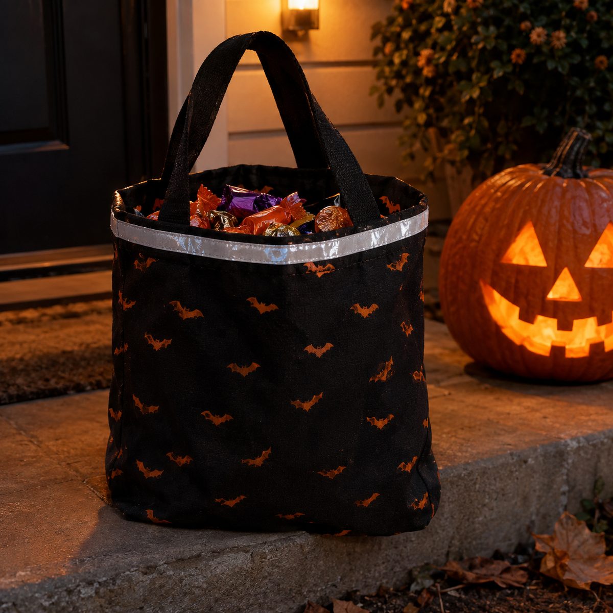 Handmade Halloween trick-or-treat bag with bat print on a porch step