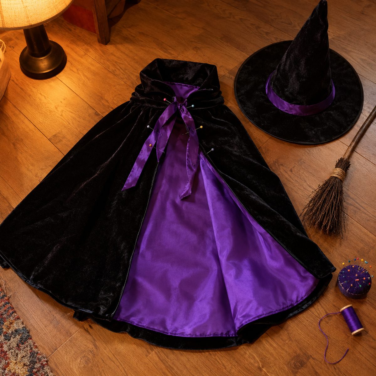 Child's black velvet Halloween cape with purple satin lining