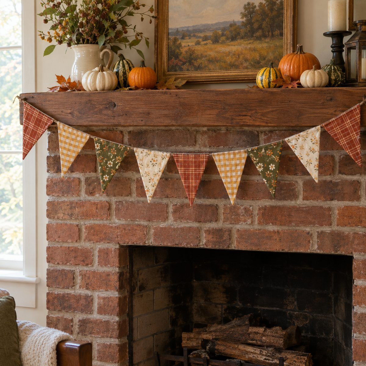 Harvest fabric bunting in autumn prints hanging on a fireplace mantel