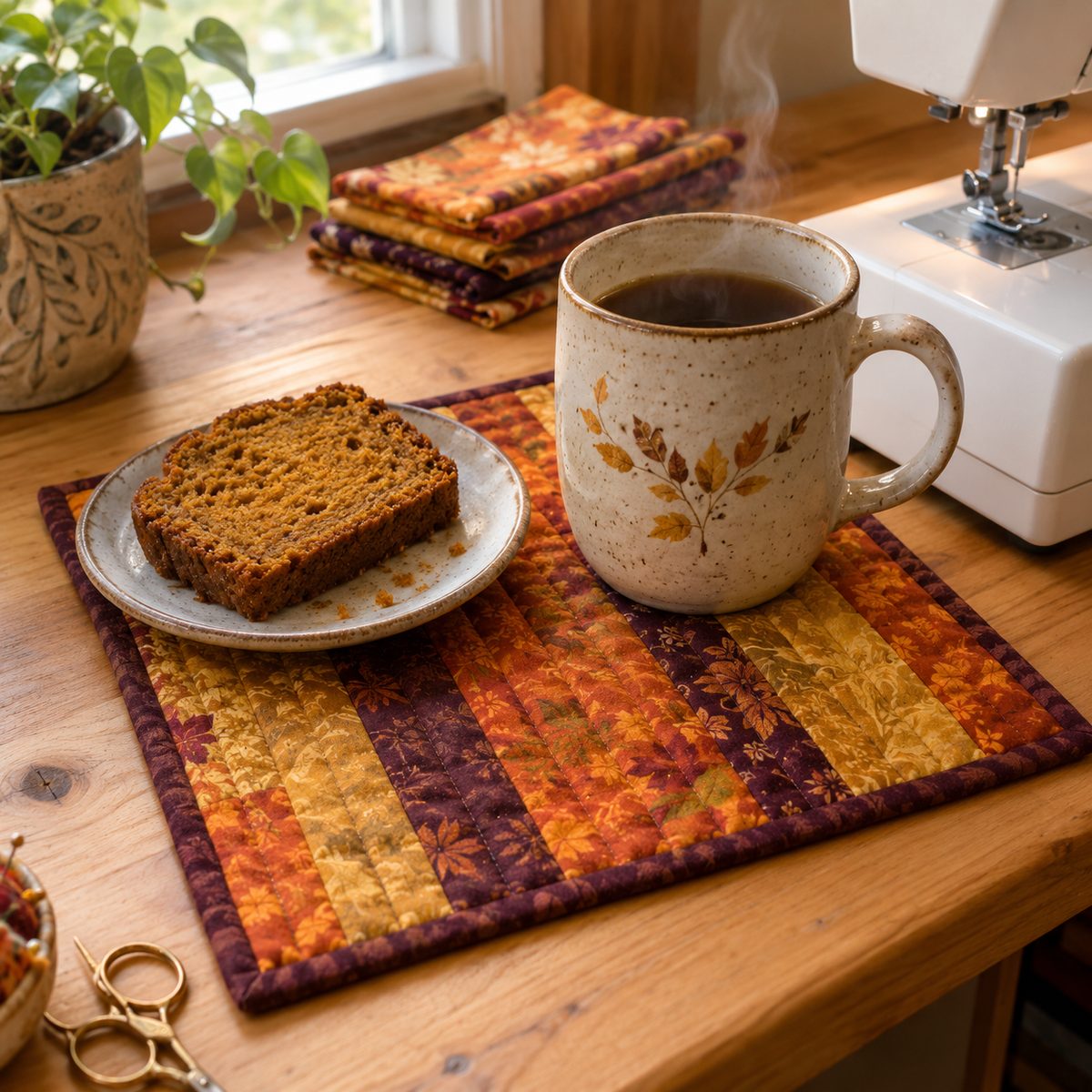 Small quilted fall mug rug with a mug and pumpkin bread