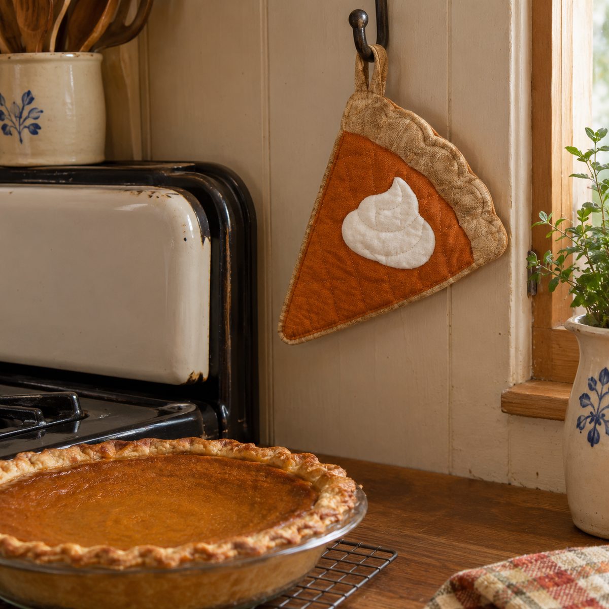 Pumpkin pie slice shaped potholder hanging in a kitchen