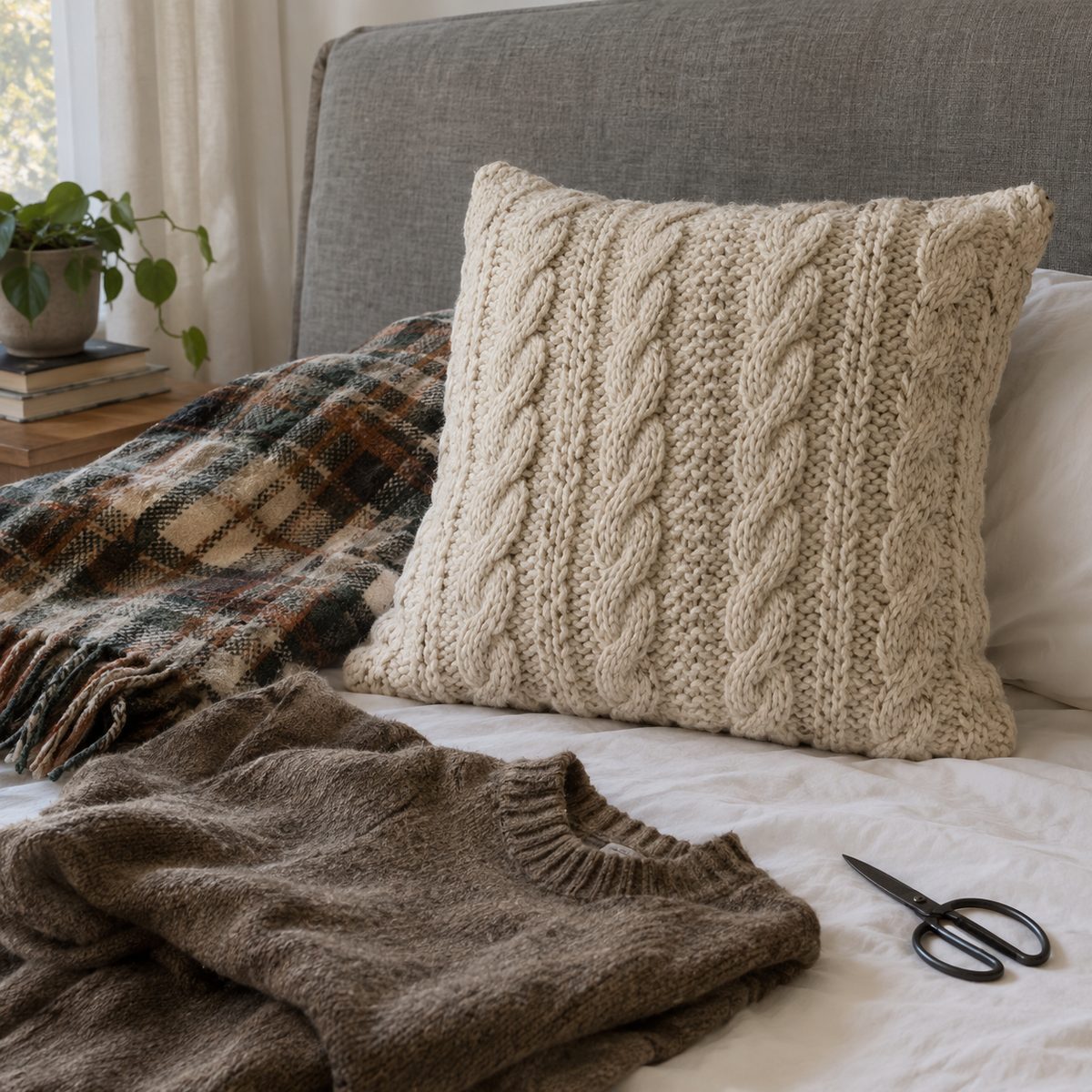 Oatmeal cable-knit sweater pillow on a bed