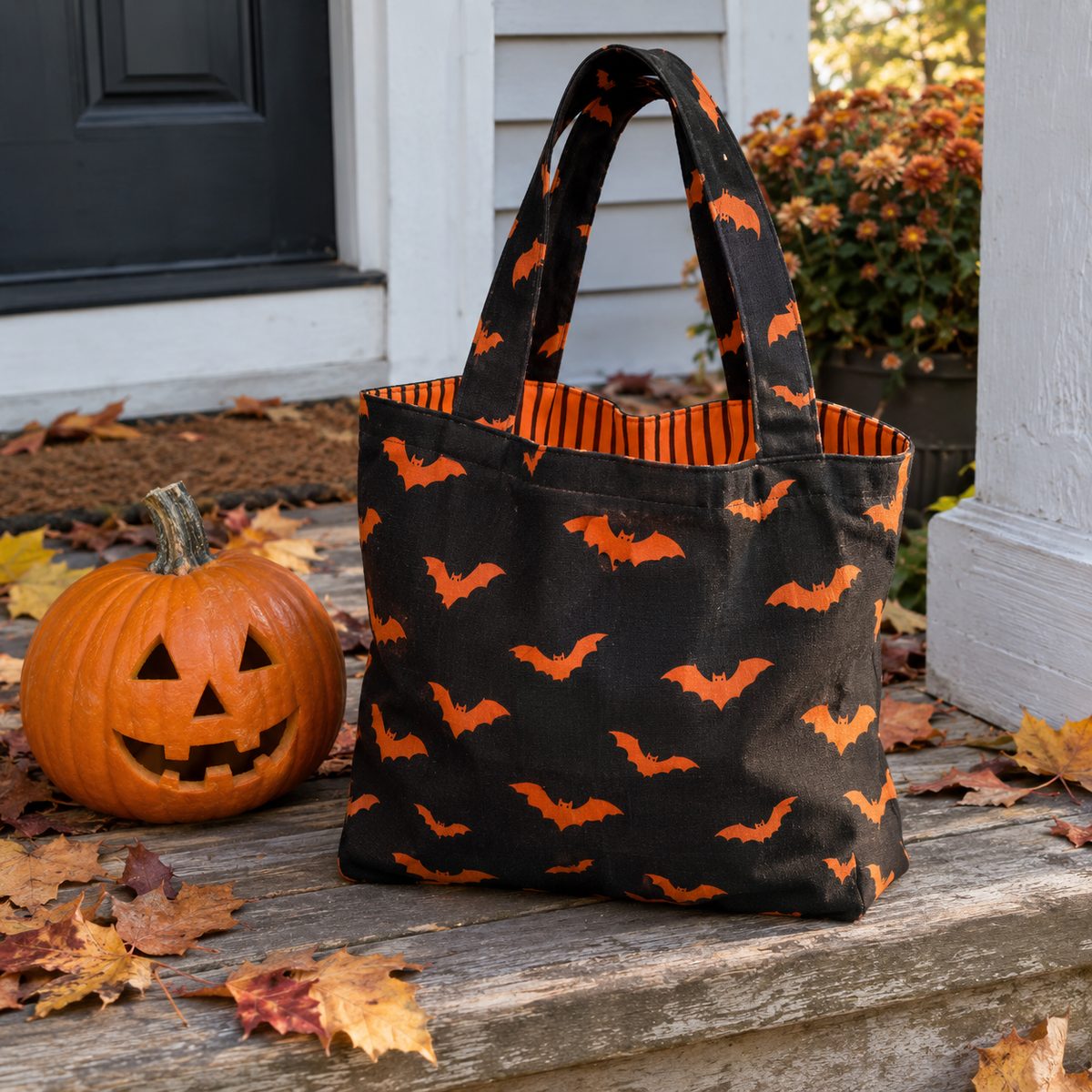 Lined Halloween print trick-or-treat tote bag on a porch step