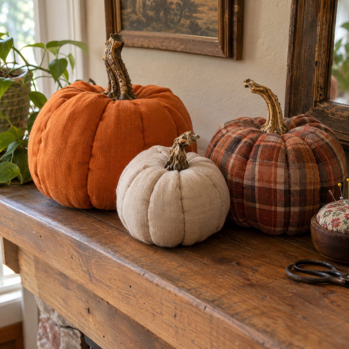 Three handmade fabric pumpkins on a wooden mantel