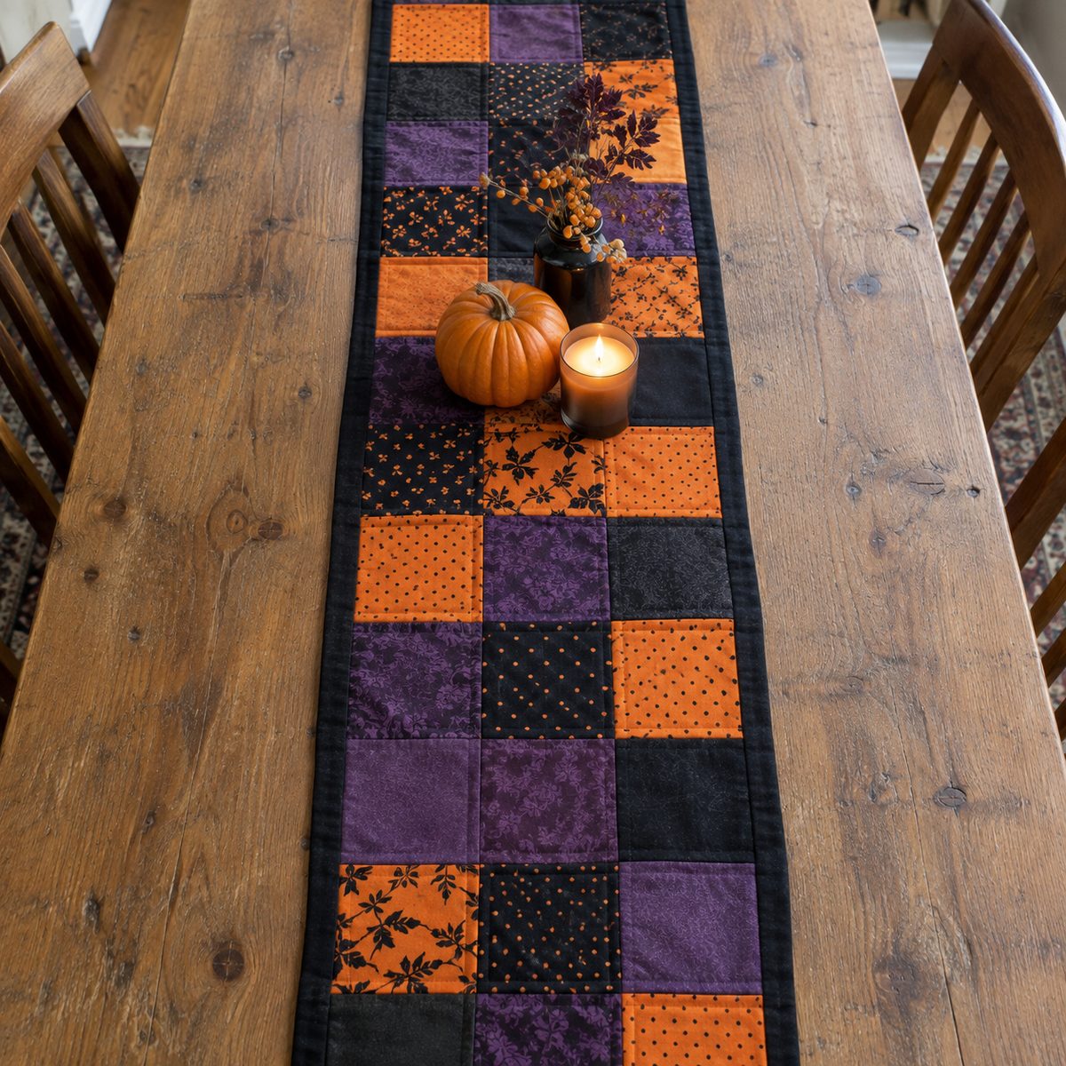 Patchwork Halloween table runner on a wooden dining table