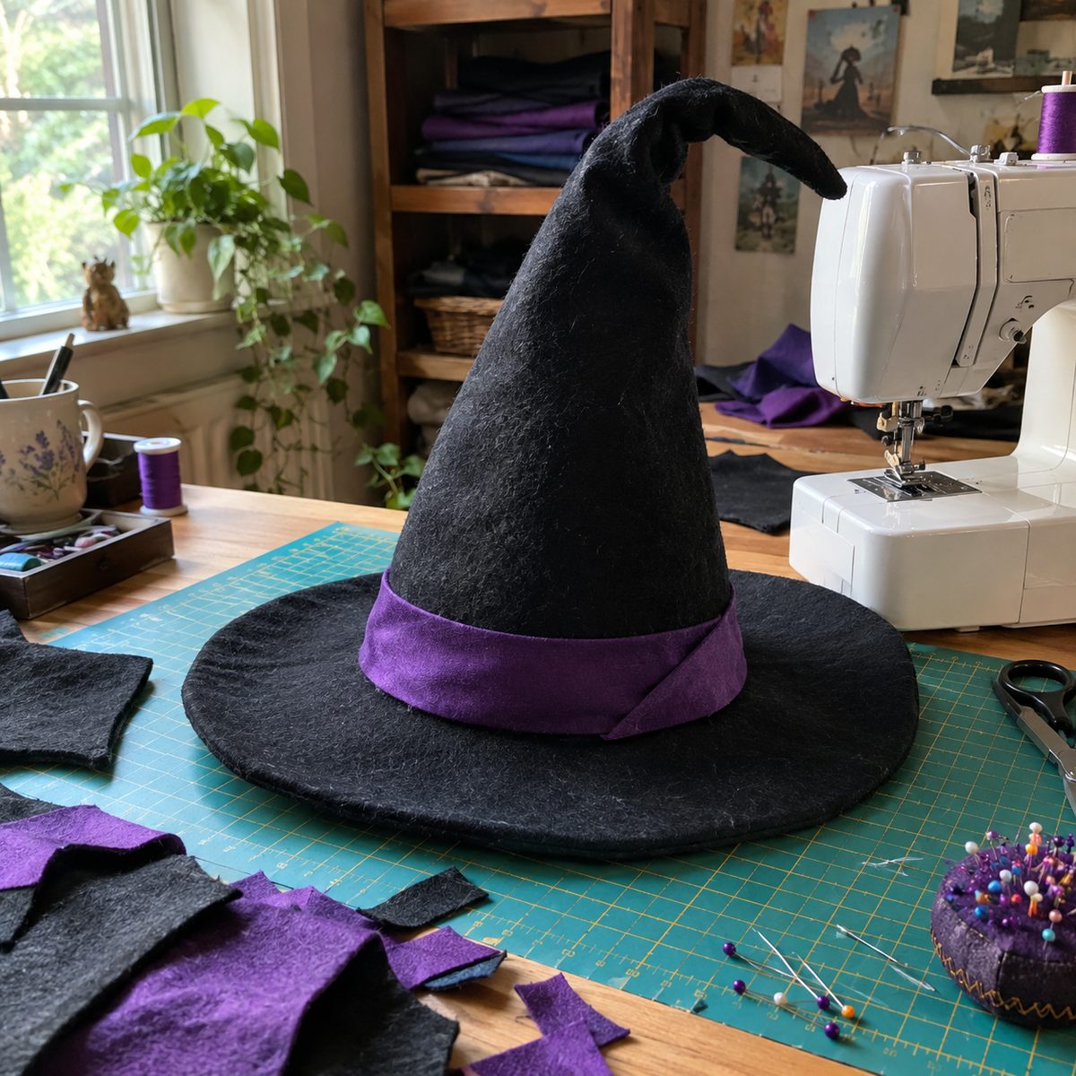 Black felt witch hat with purple band next to a sewing machine