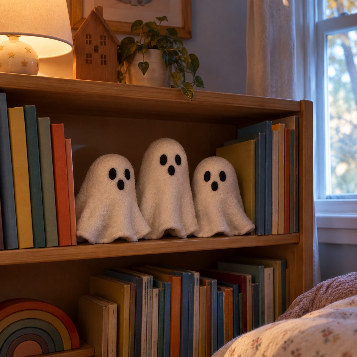 Small white fleece ghost softies on a bookshelf