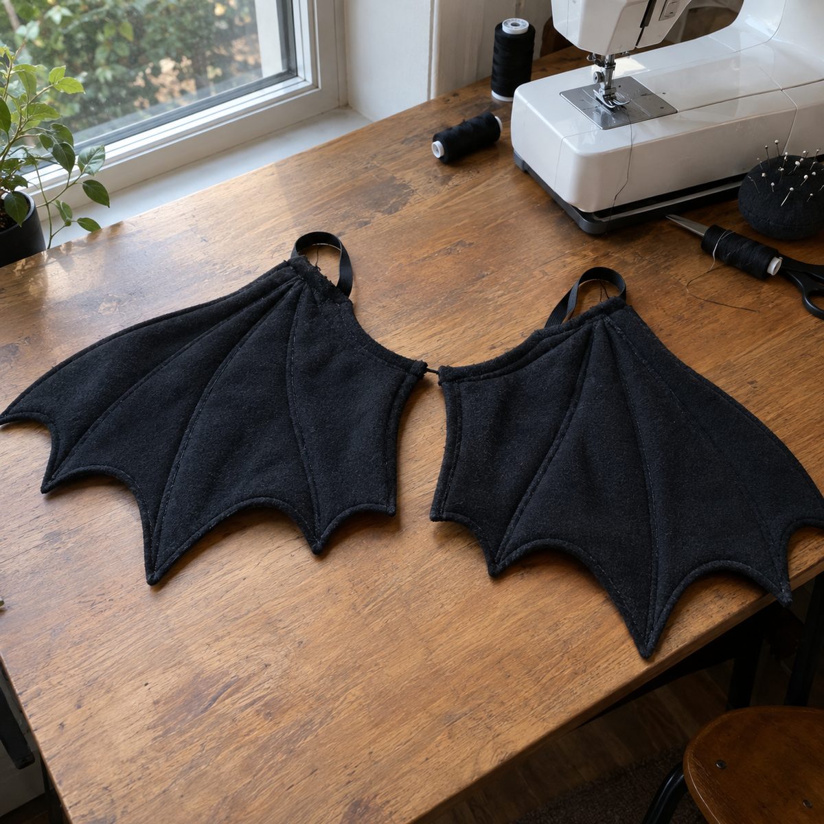 Handmade black fleece bat wings with scalloped edges