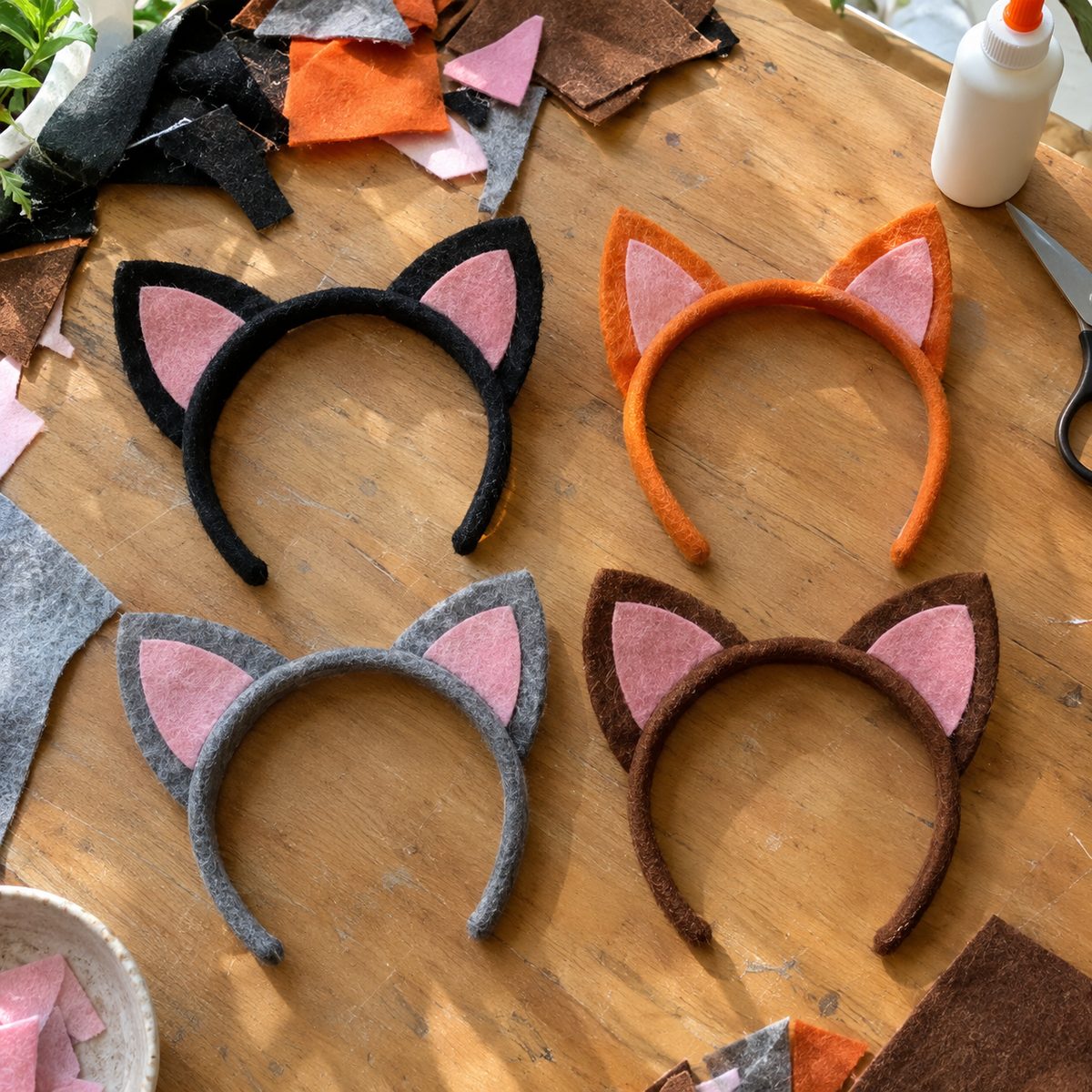 Felt cat ear headbands lined up on a craft table