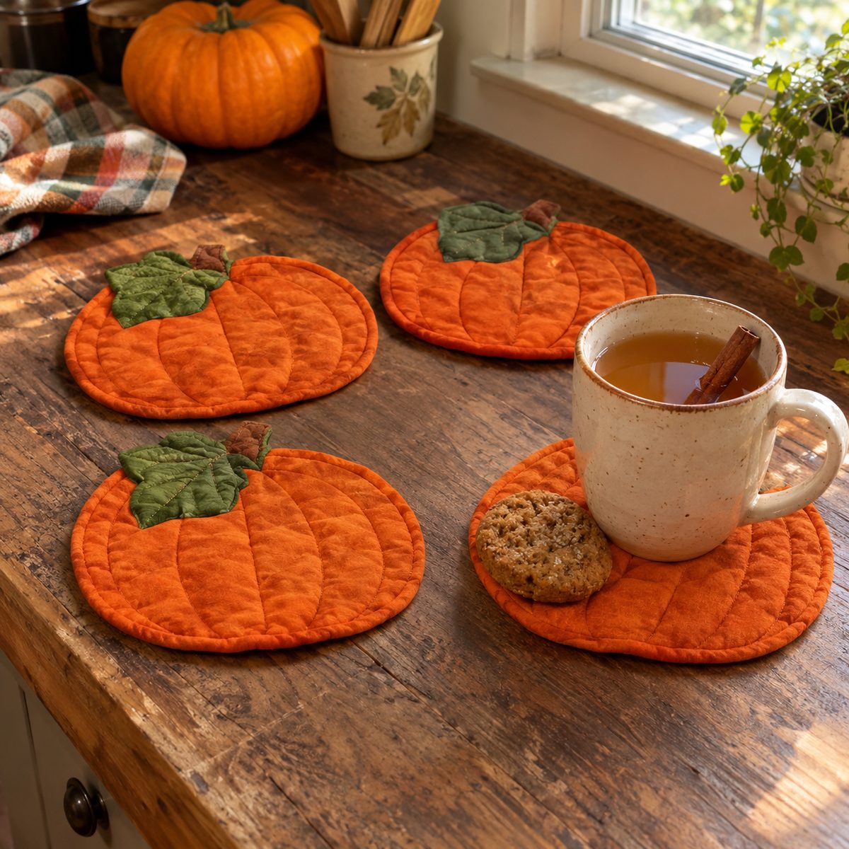 Pumpkin shaped quilted mug rugs with a mug of cider