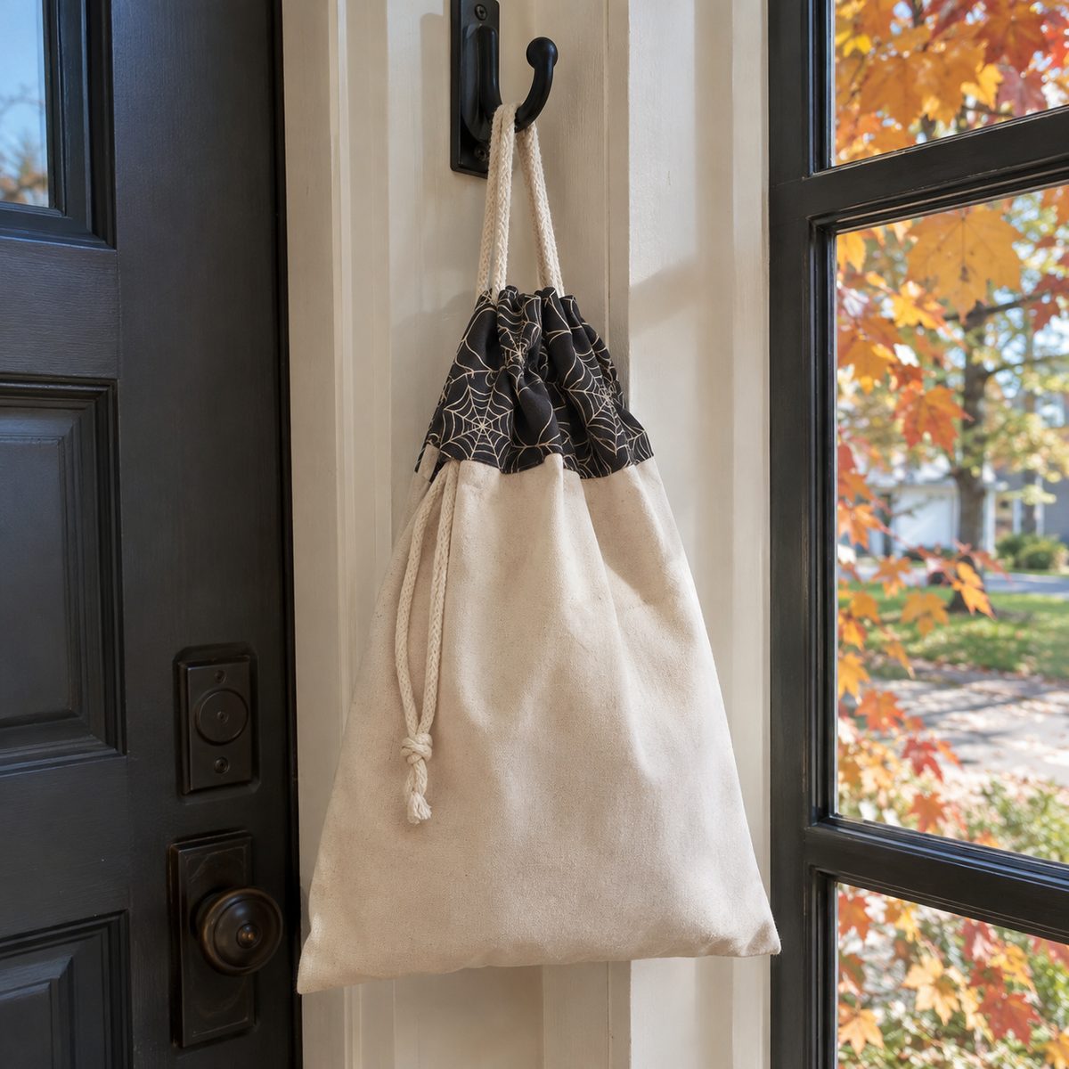 Canvas pillowcase candy bag with Halloween cuff hanging by a door