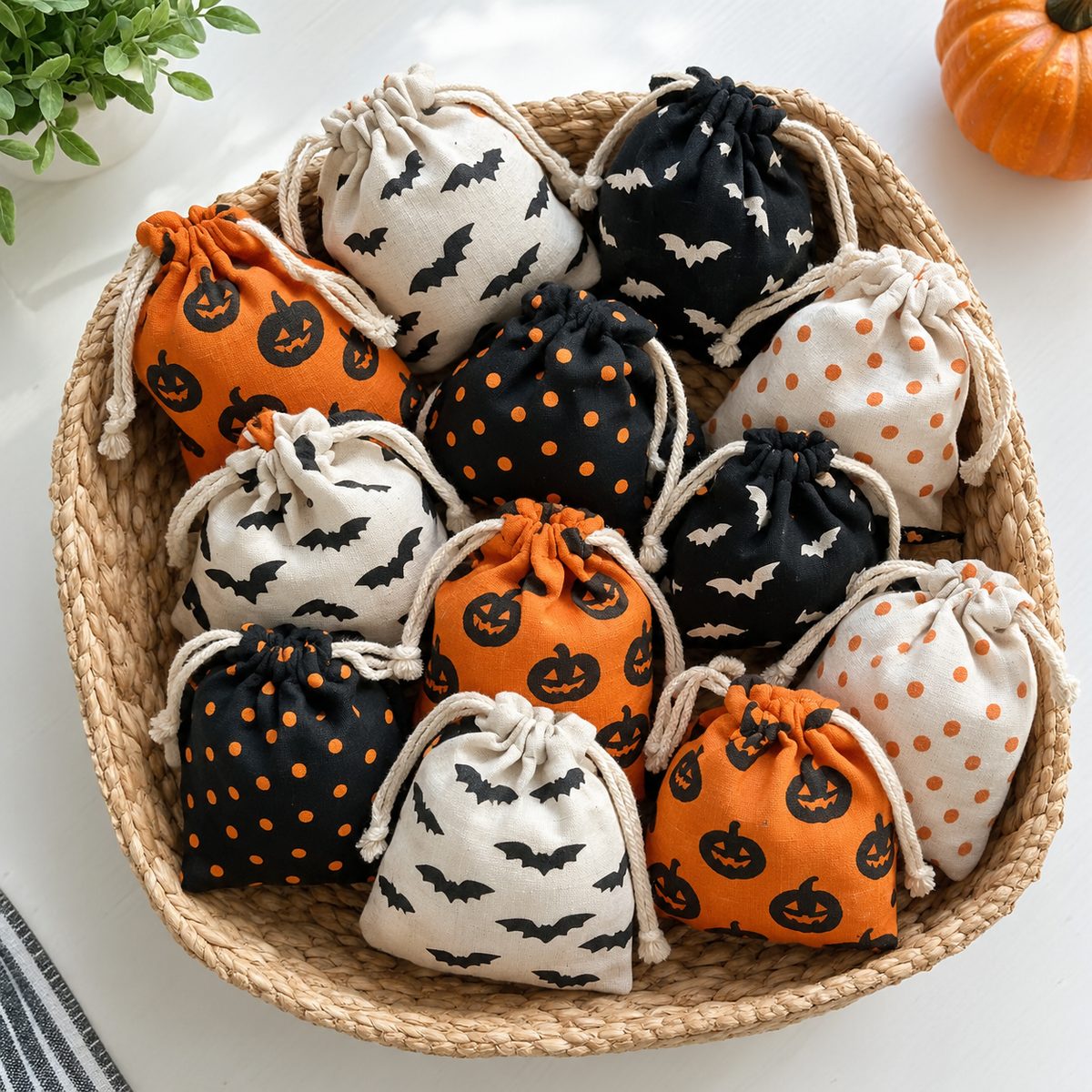Small Halloween drawstring party favor bags in a basket