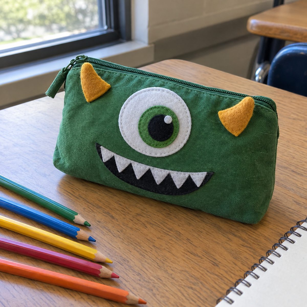 Green monster appliqué zipper pouch with felt eye and teeth