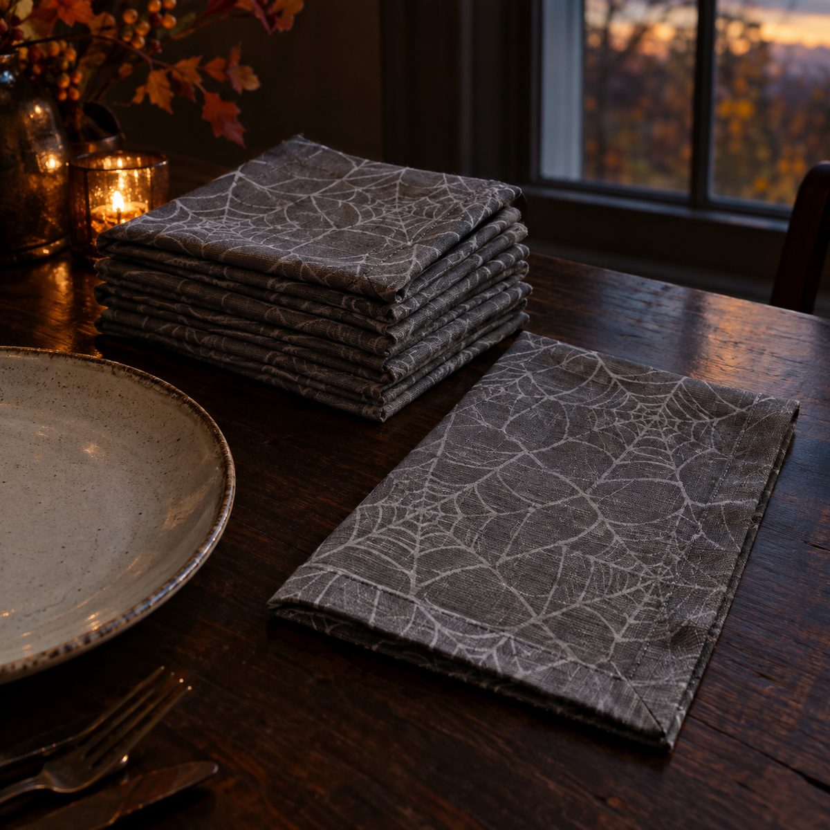 Halloween spiderweb print cloth napkins with mitered corners