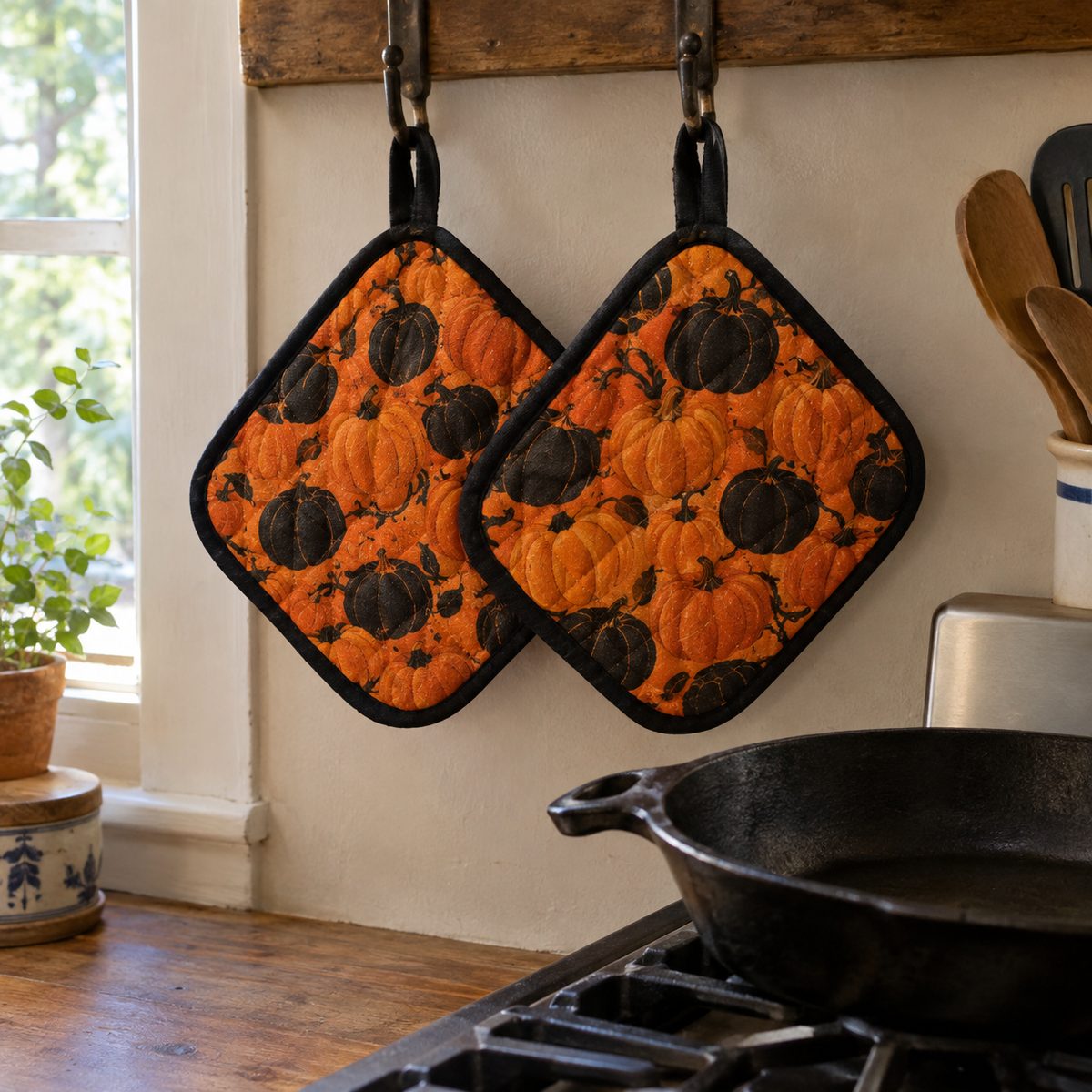 Quilted Halloween pot holders hanging near a stove