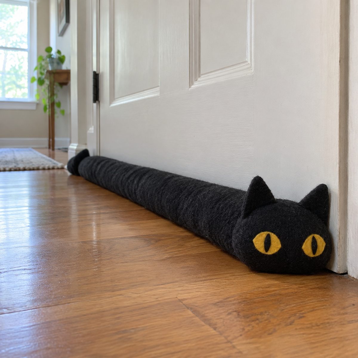 Black cat draft stopper lying along the bottom of a door