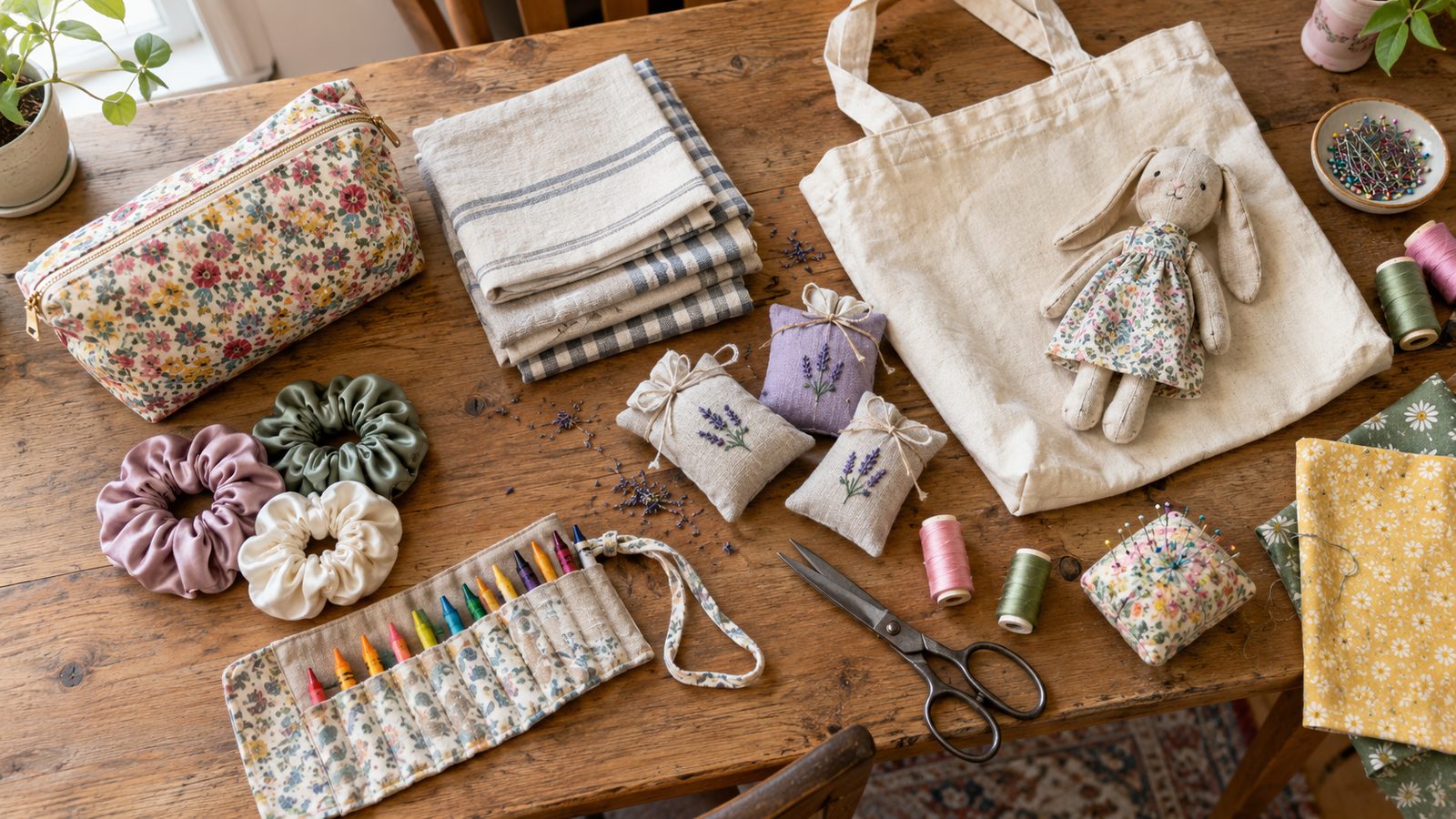 Assortment of handmade sewn gifts including a zipper pouch, tote bag, tea towels, and scrunchies