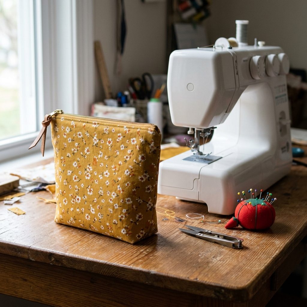 Lined zipper pouch in yellow floral cotton with a leather zipper pull