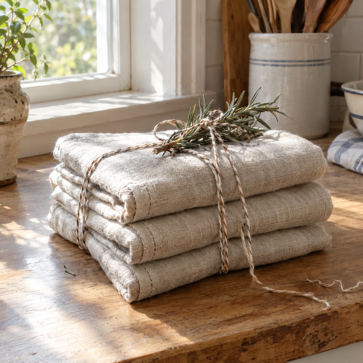 Stack of linen tea towels tied with twine and rosemary