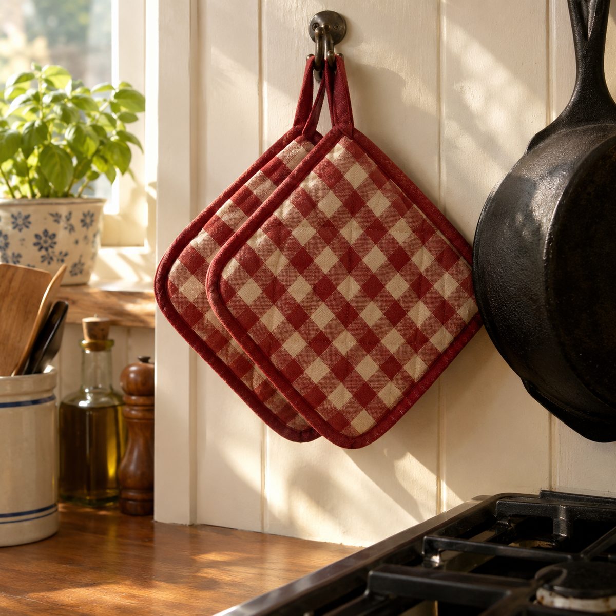 Pair of red gingham quilted pot holders hanging by a stove