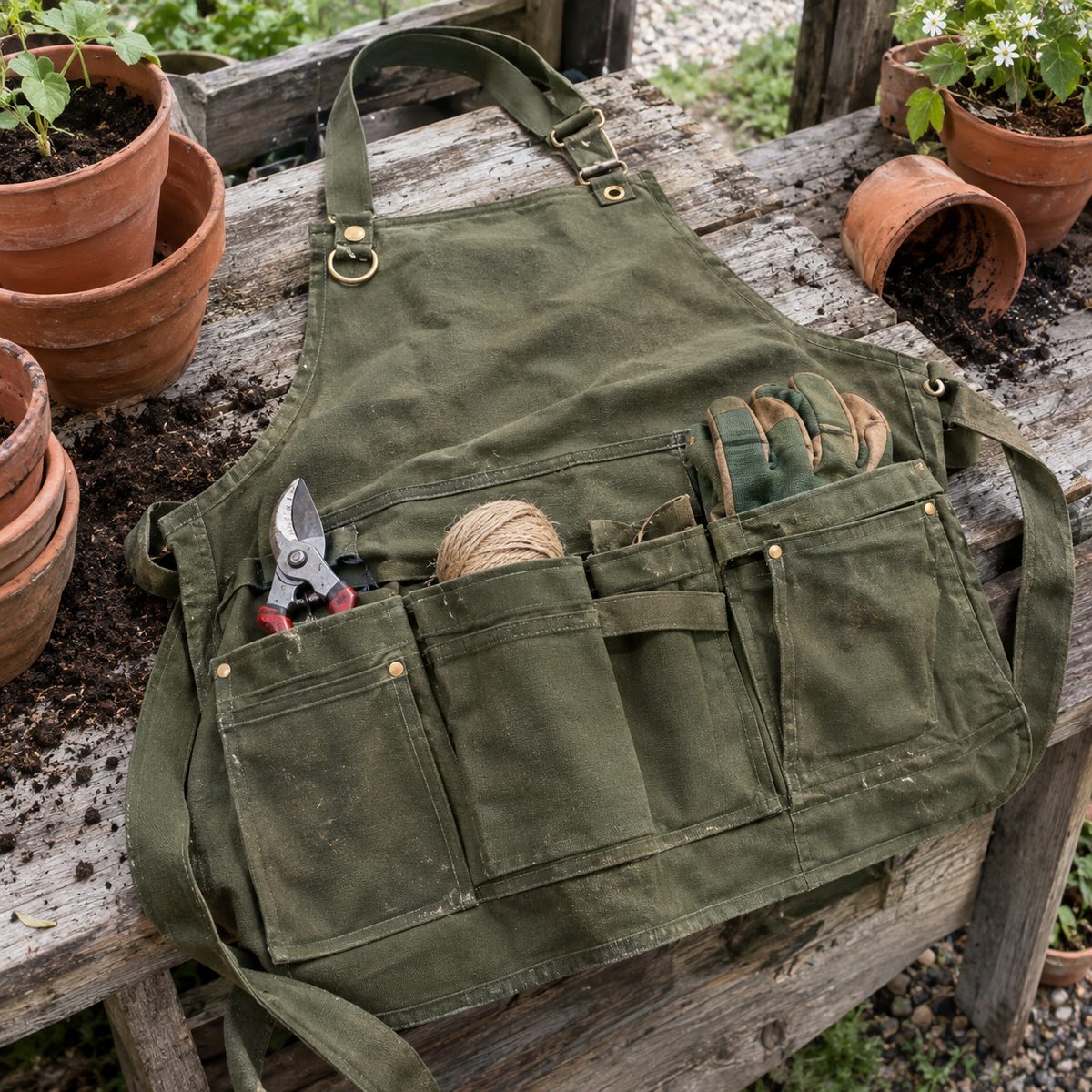 Canvas gardener's tool apron with pockets holding pruners and gloves