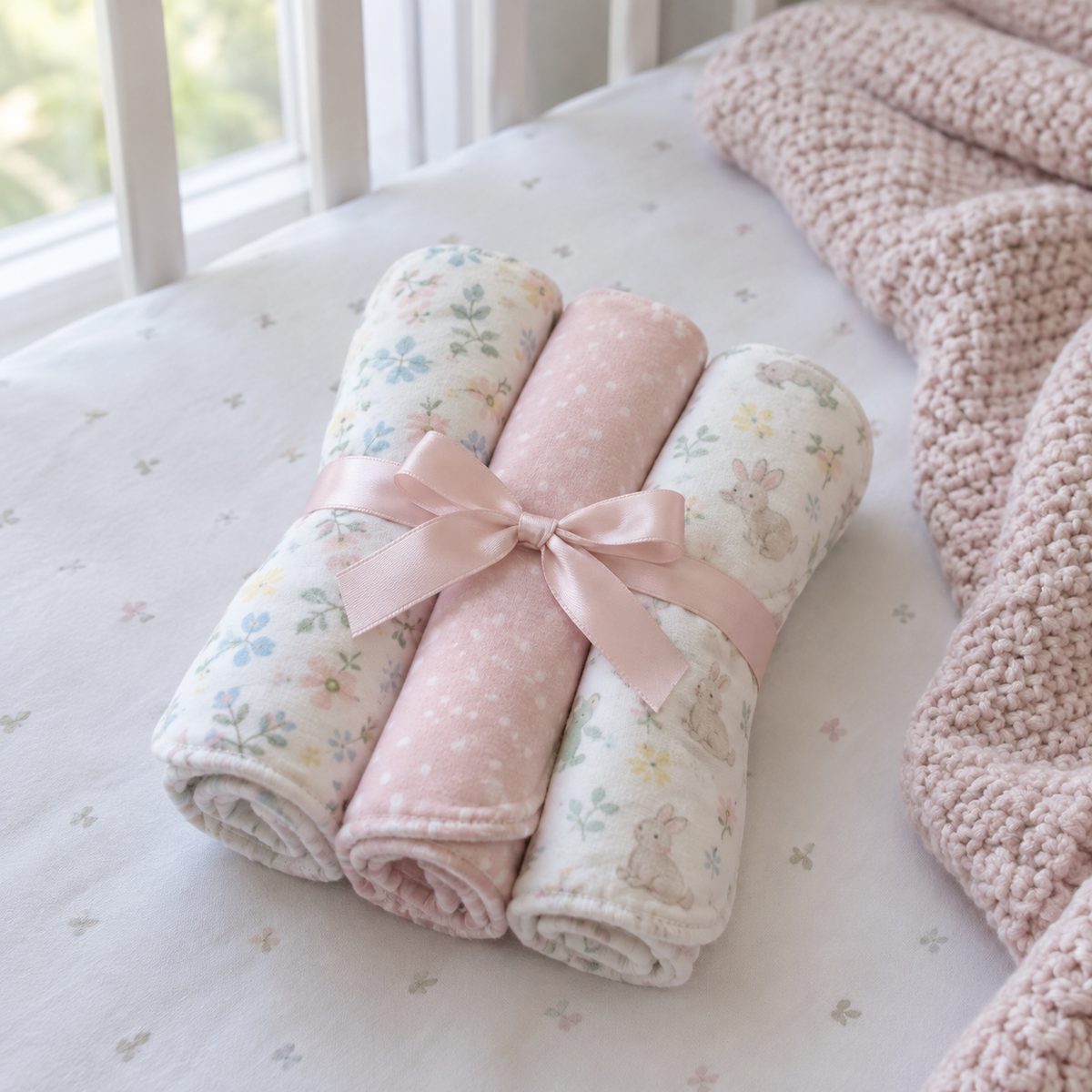 Three rolled flannel burp cloths tied with satin ribbon