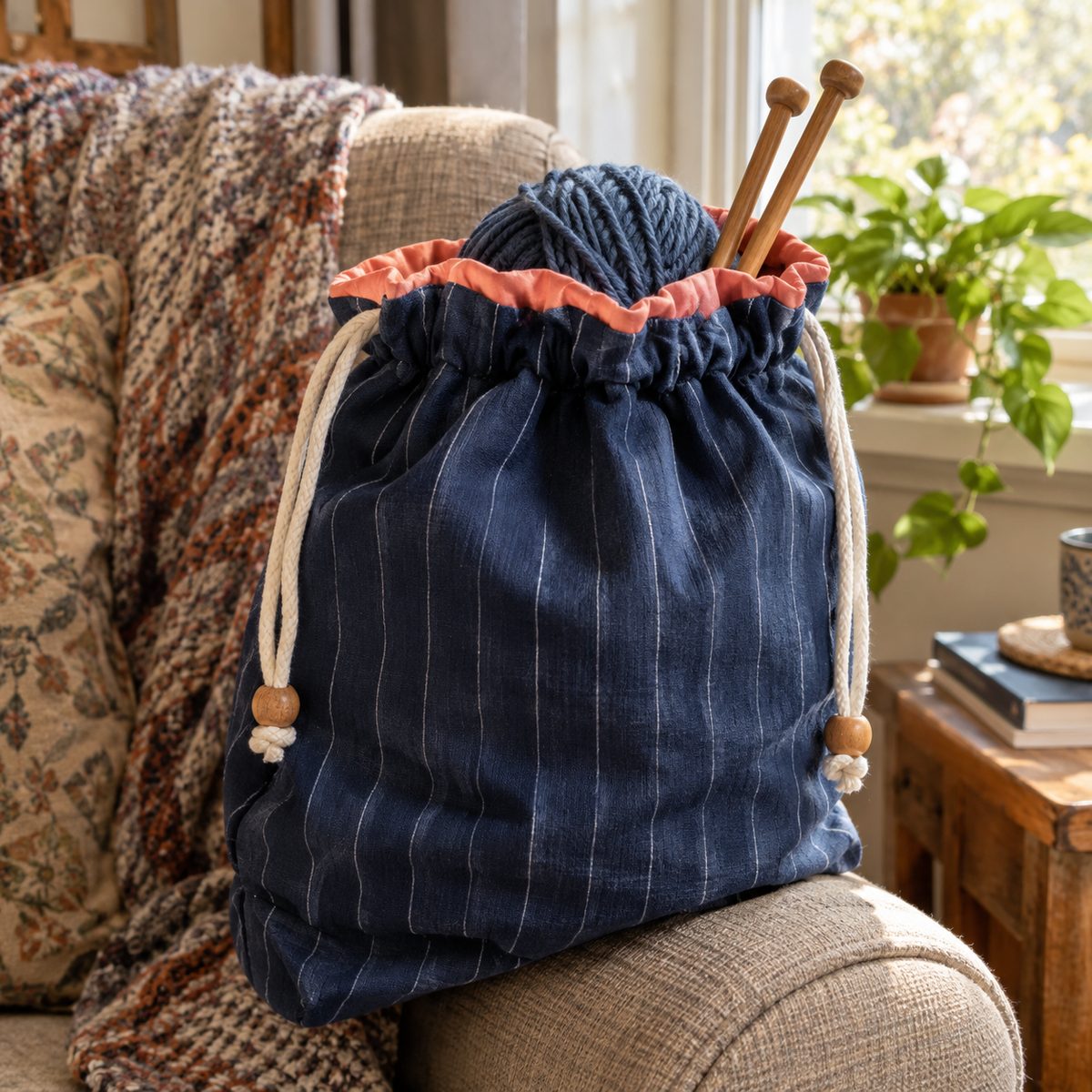 Lined drawstring project bag holding yarn and knitting needles