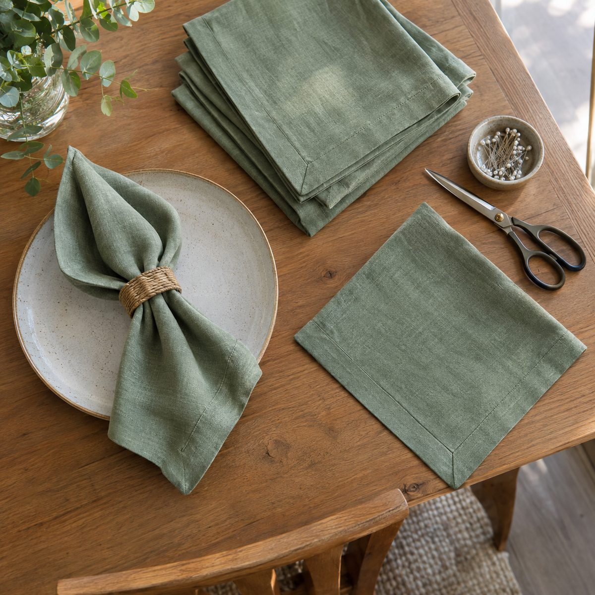 Sage green linen napkins with mitered corners on a dinner table