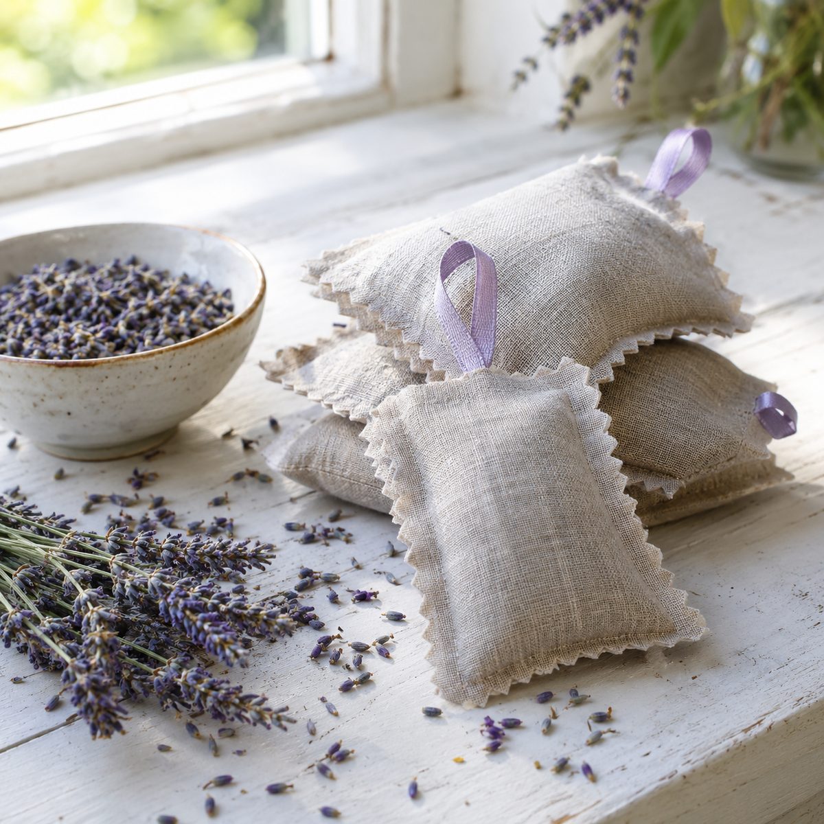Linen lavender sachets with pinked edges and ribbon loops