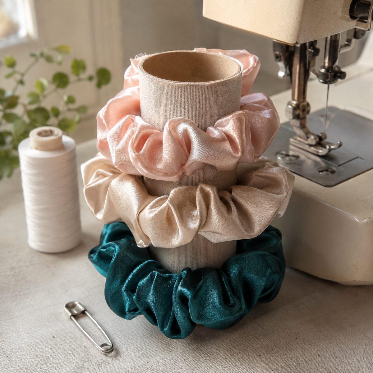 Set of three satin scrunchies on a fabric-wrapped tube