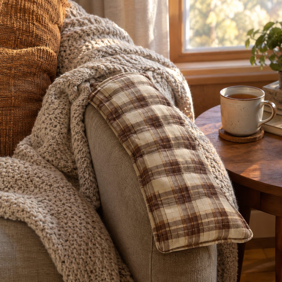 Plaid cotton rice heat pack draped over a sofa arm