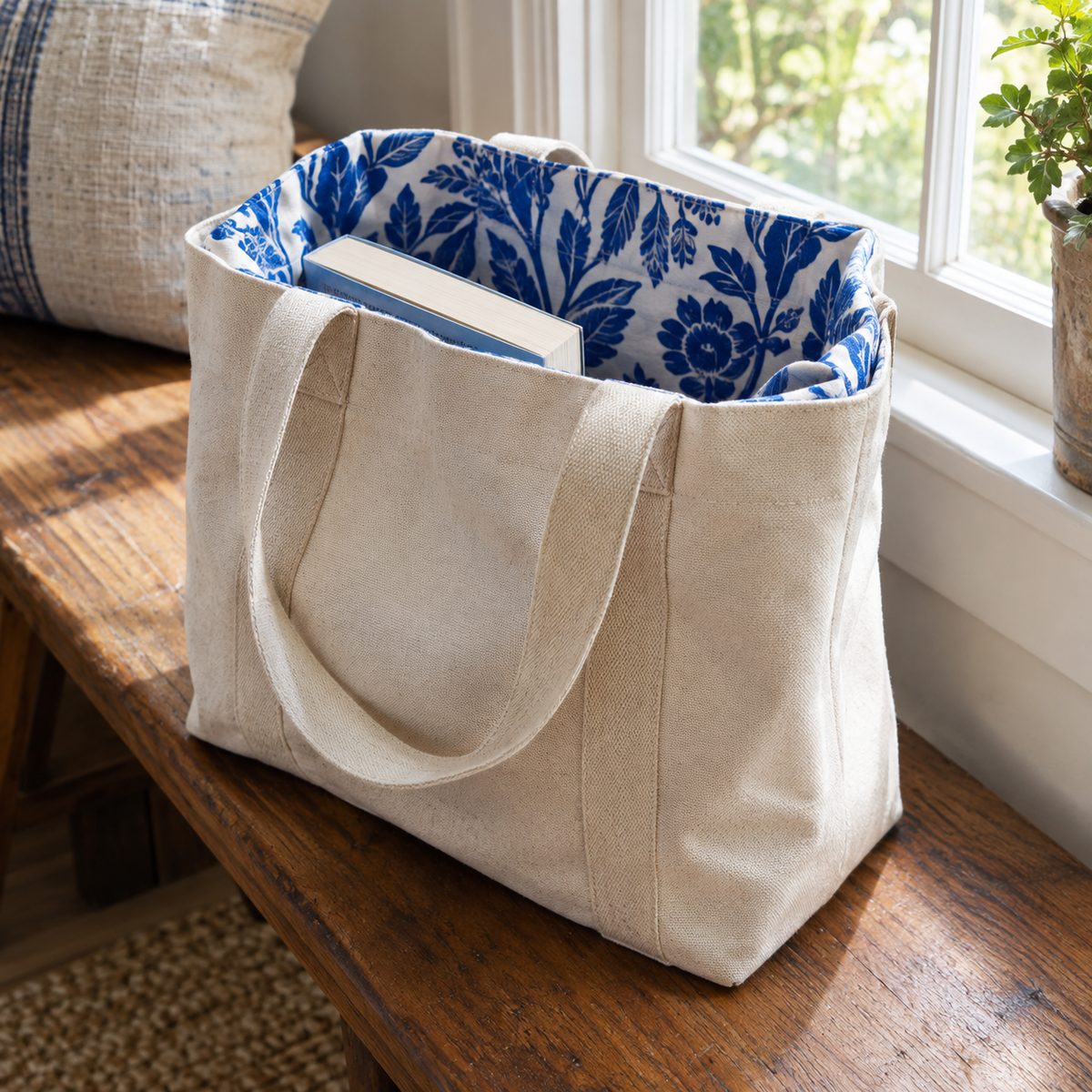 Canvas tote bag with botanical lining and a book inside