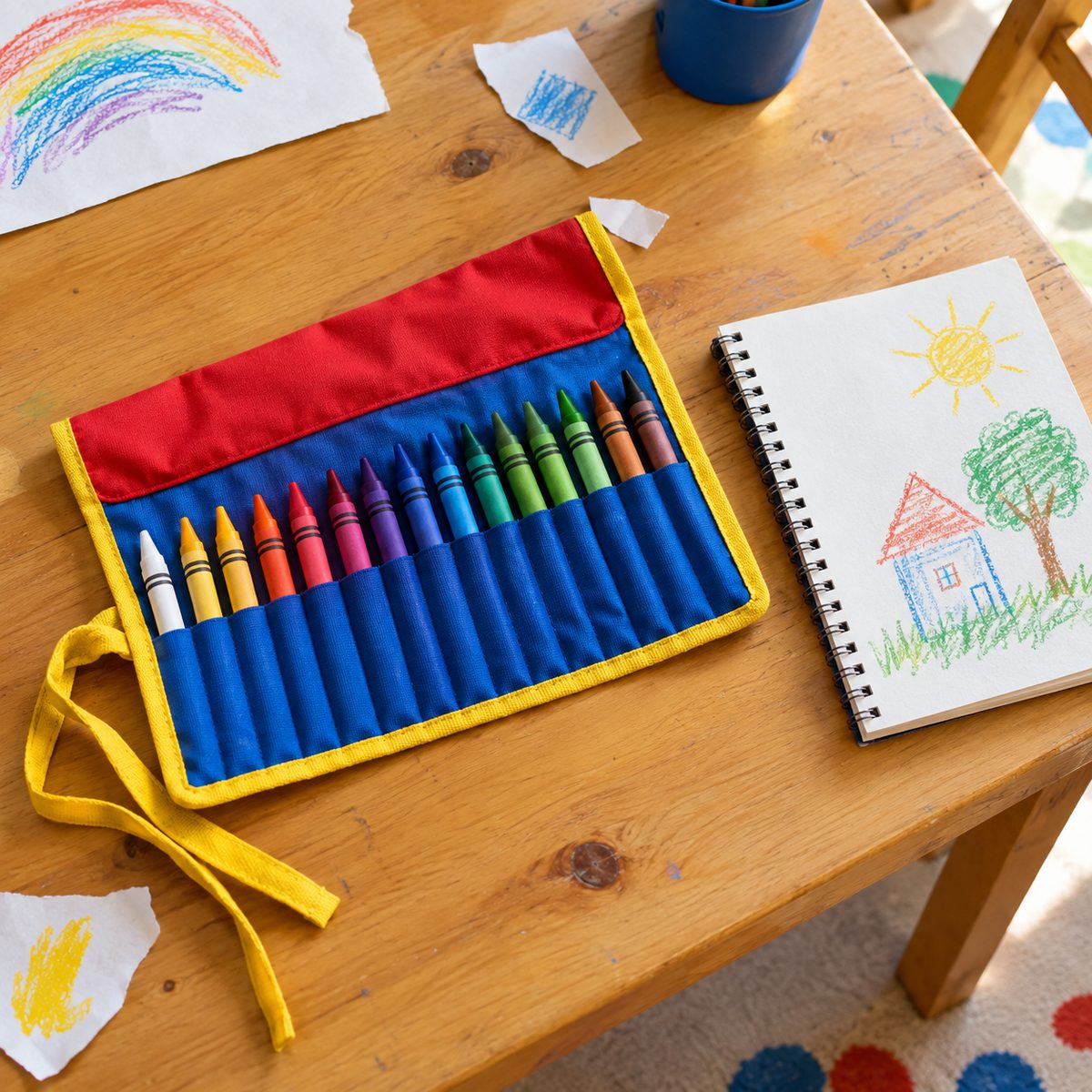 Open crayon roll filled with crayons beside a sketchbook