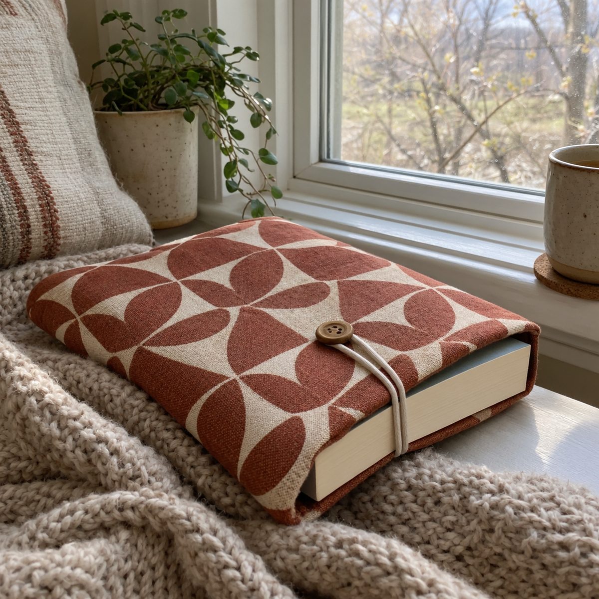 Padded fabric book sleeve holding a paperback on a windowsill