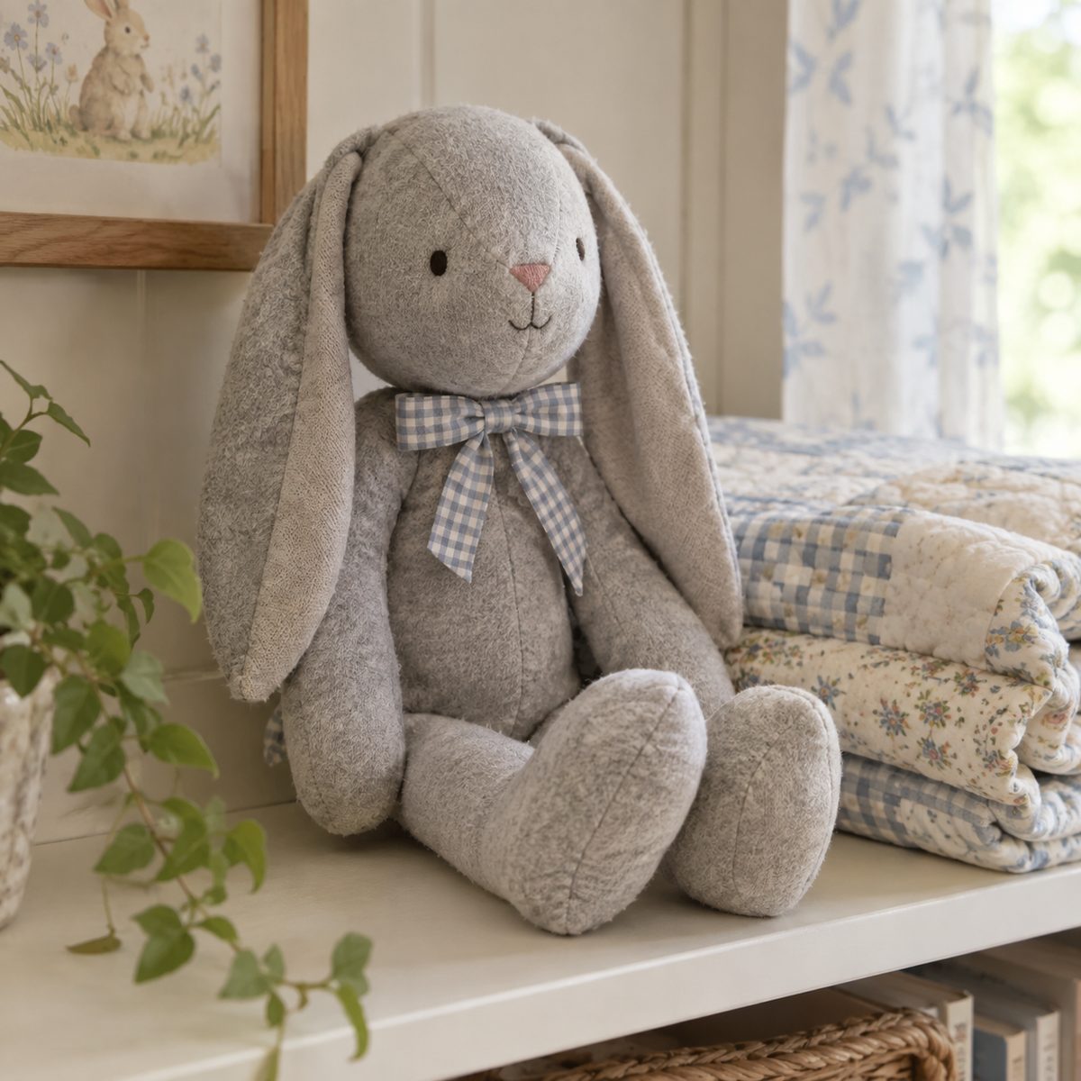 Handmade gray flannel stuffed bunny with a gingham bow