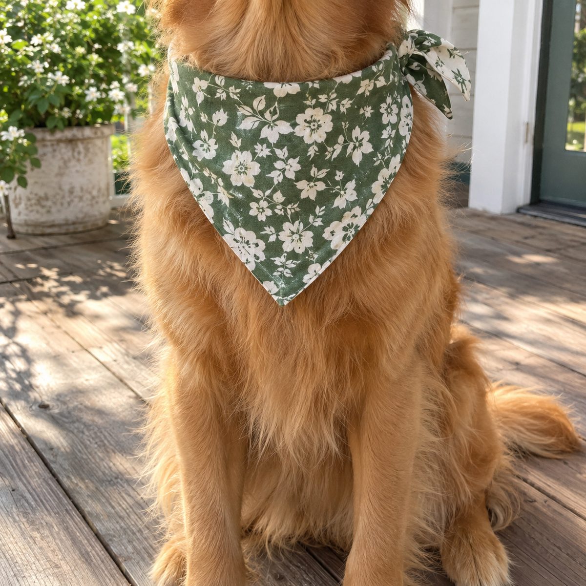 Dog wearing a reversible floral cotton bandana