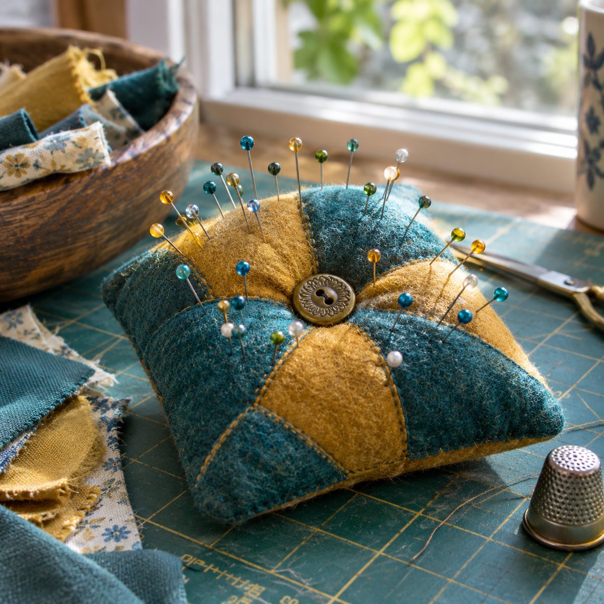 Tufted patchwork pincushion with a vintage button and pins