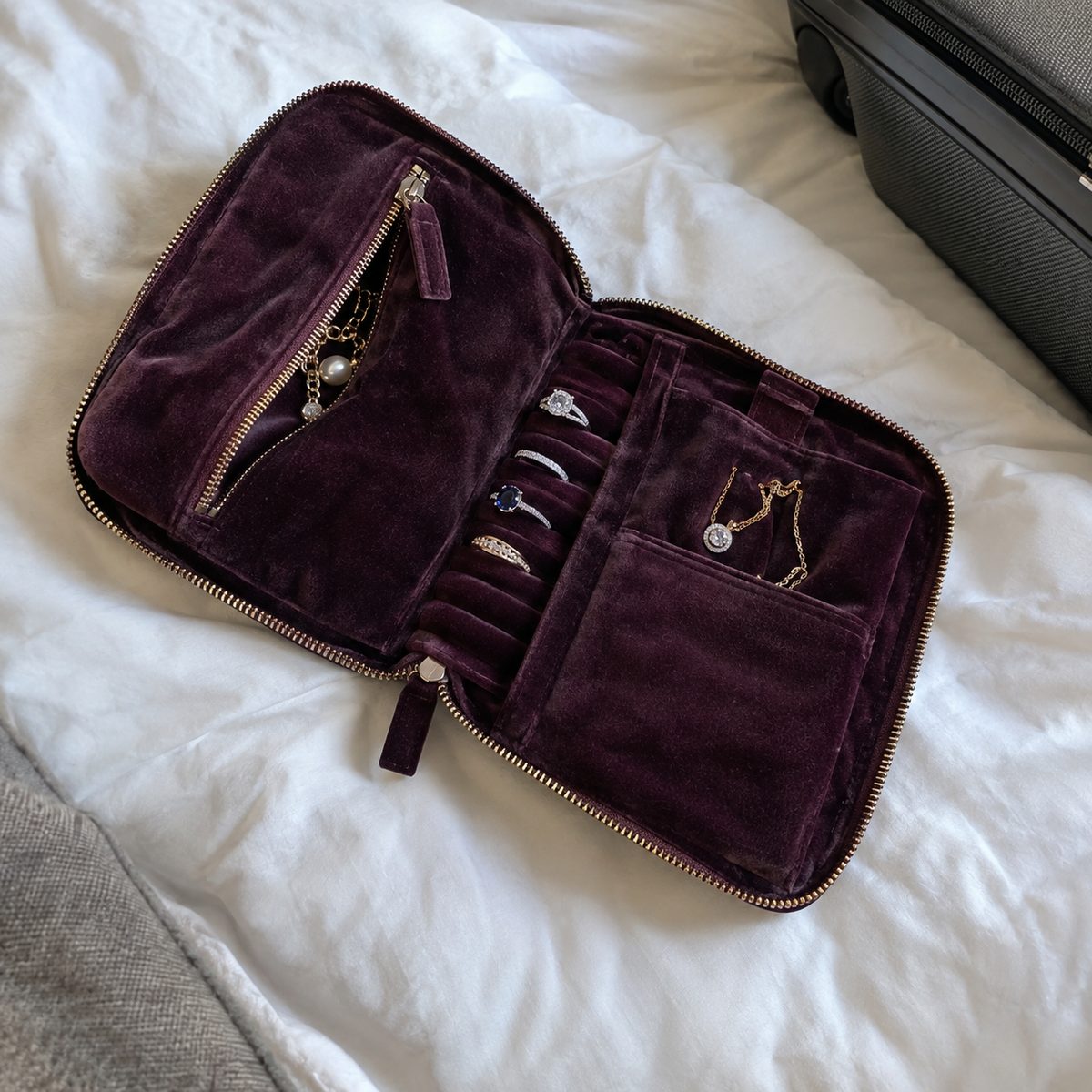 Plum velvet travel jewelry roll holding rings and a necklace