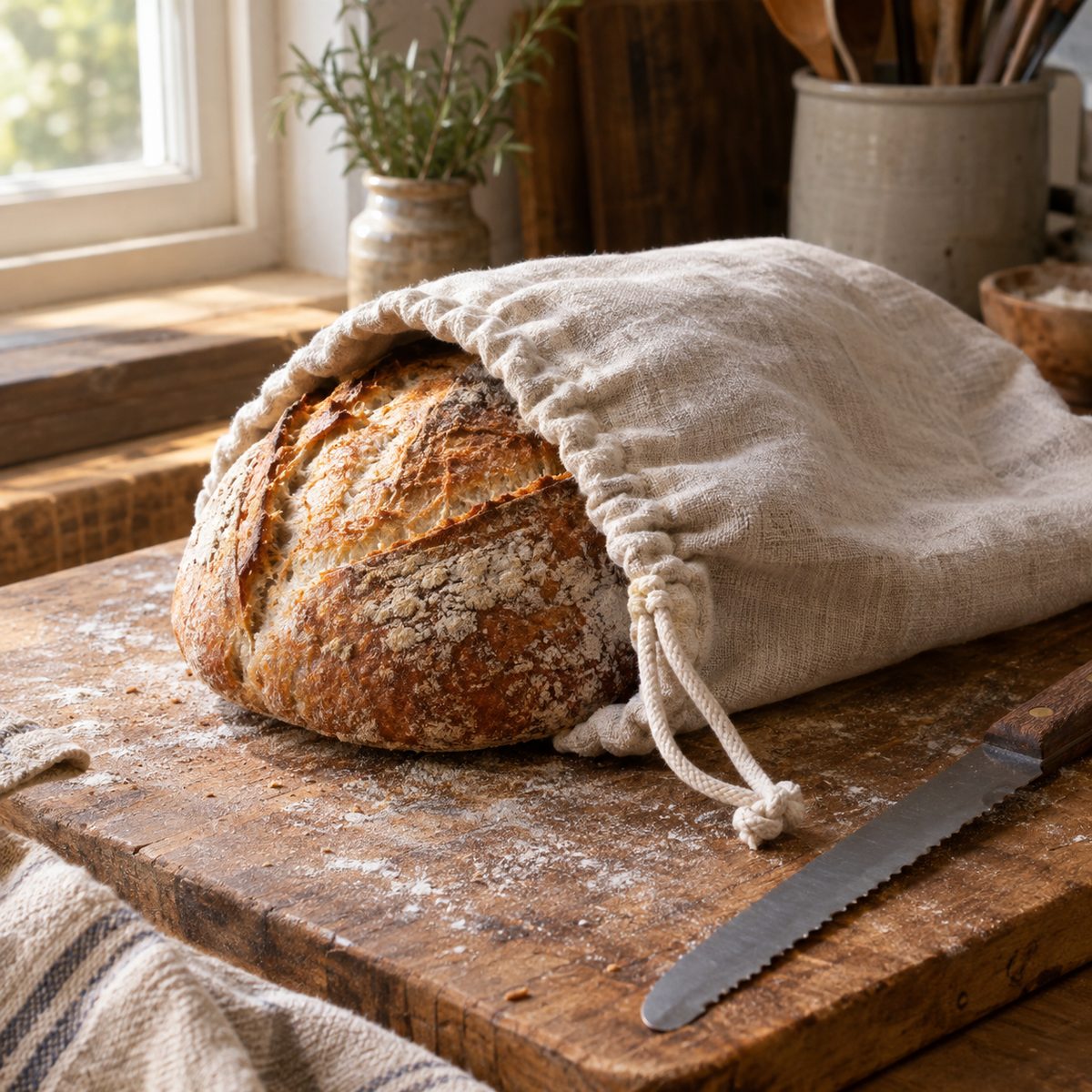 Linen drawstring bread bag holding a sourdough loaf