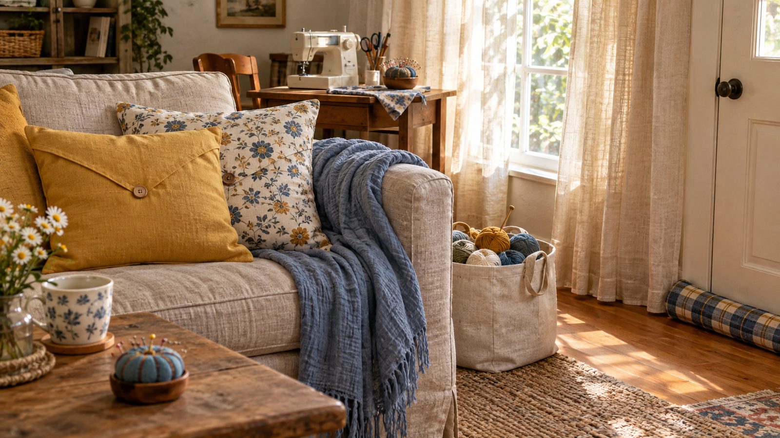 Handmade pillows, throw, fabric basket and linen curtains in a cozy living room