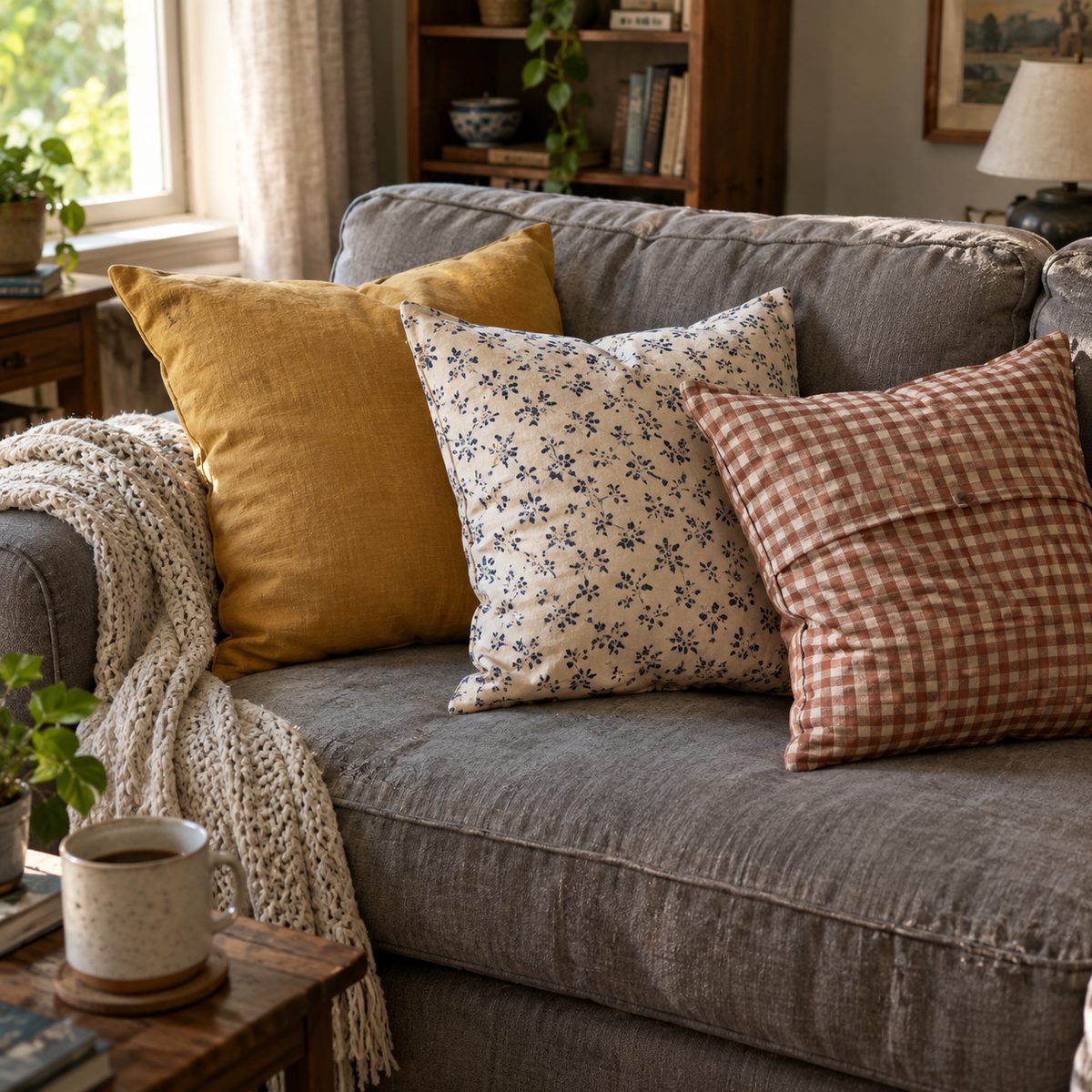 Three envelope pillow covers in mustard, floral and gingham fabrics on a gray sofa
