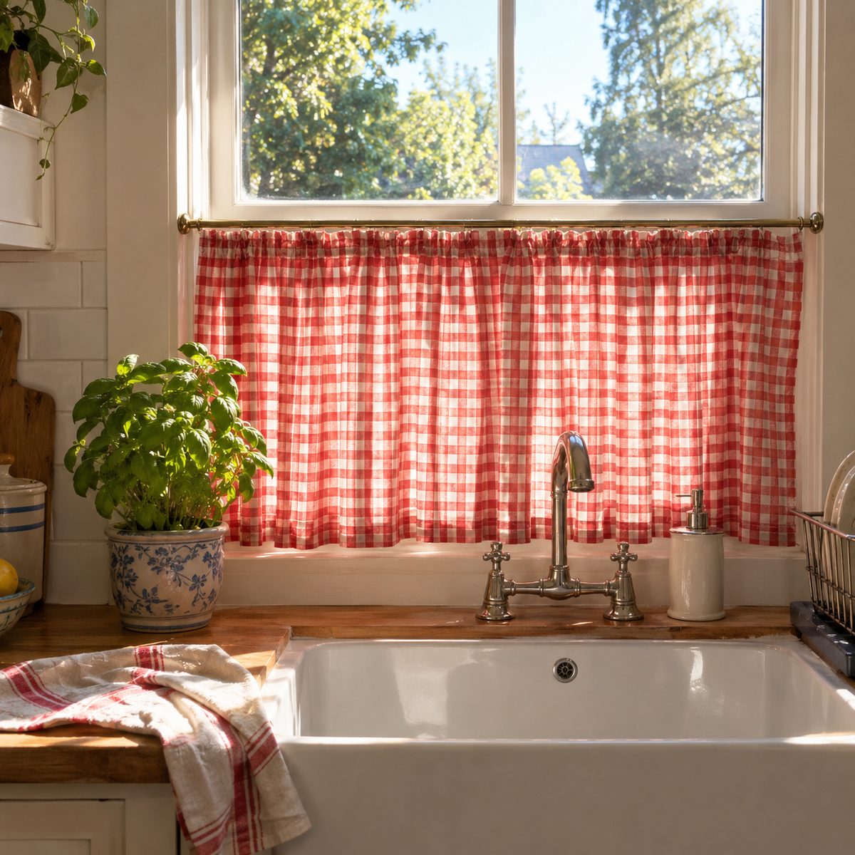 Red gingham café curtain on a brass rod over a kitchen sink window