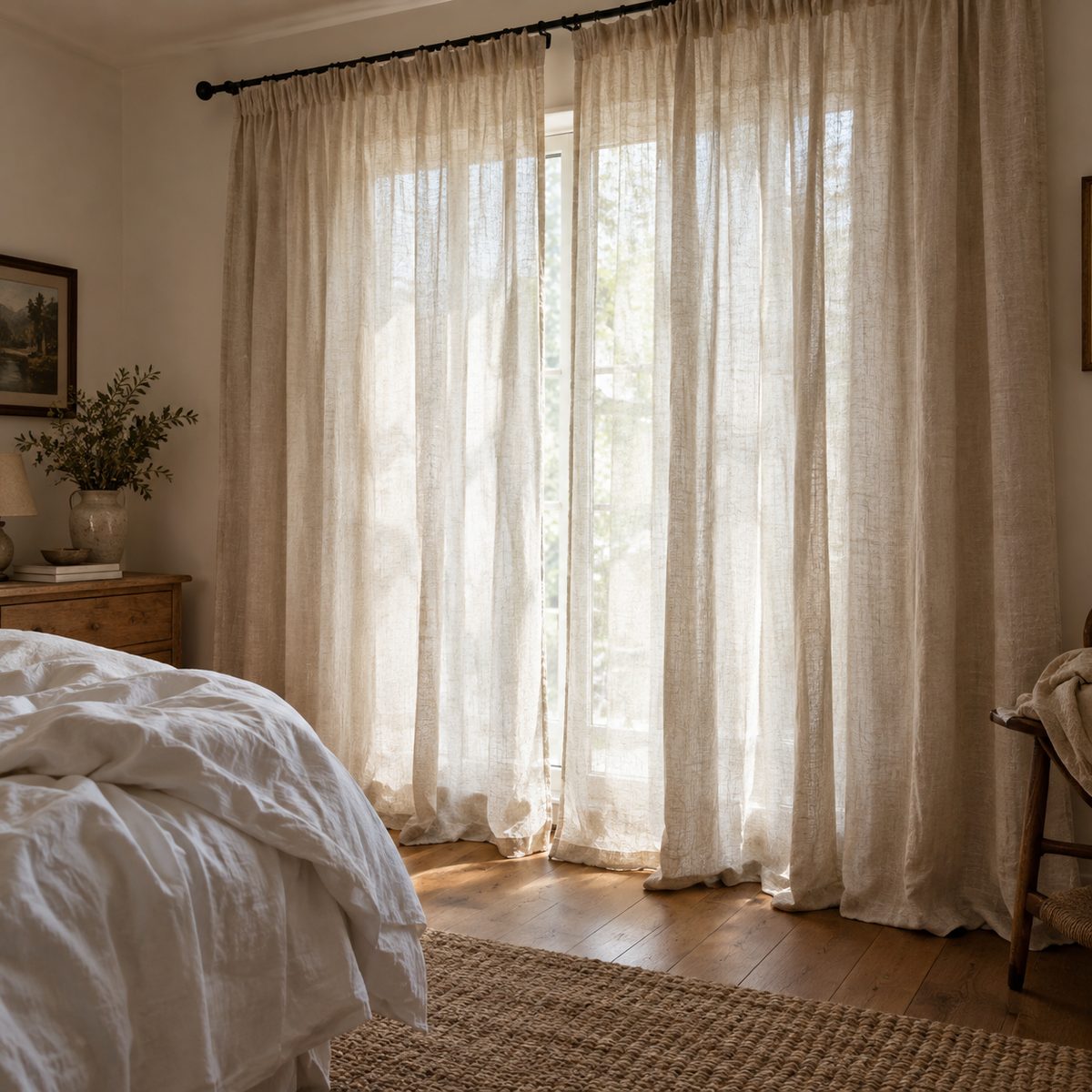 Oatmeal linen rod-pocket curtain panels hanging to the floor in a sunny bedroom